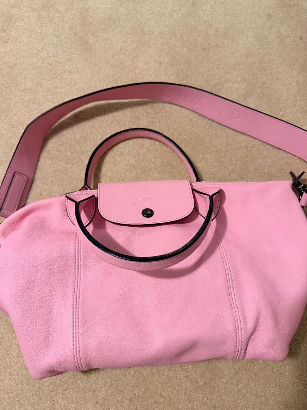 Authentic Longchamp Le Pliage Leather Top Handle Bag in Pink